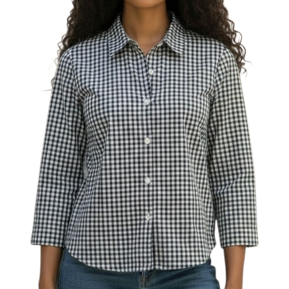 Nina Mclemore Seersucker Black Gingham Plaid Button-Up Blouse Women Size Medium